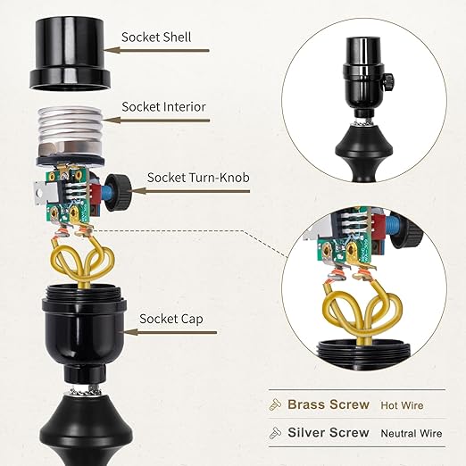 DiCUNO UL Listed Full Range Dimmer Lamp Socket Replacement, Vintage E26 Light Bulb Socket, Rotating Dimmer Switch Knob for Table, Floor Lamp, DIY Project, Black, 60 Watt, 2-Pack