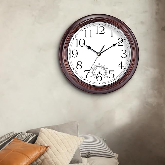 8.5 Inch Outdoor Wall Clock with Thermometers, Vintage Silent Wall Clocks Battery Operated, Retro Non-Ticking Clock Decorative for Living Room, Patio, Kitchen, Office, Bathroom, Bedroom(Bronze)