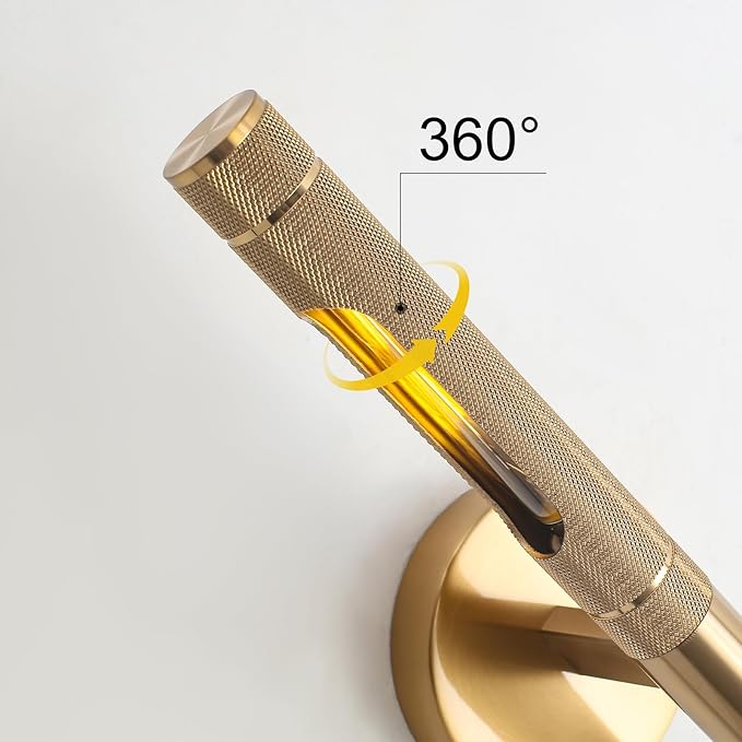Brushed Brass Picture Lights for Wall,19 Inch Hardwired Knurled Gallery Light, Rotatable 360° Modern Gold Wall Lights for Pictures Bathroom Living Room Bedroom, E12 Bulbs Included(1 Pack)