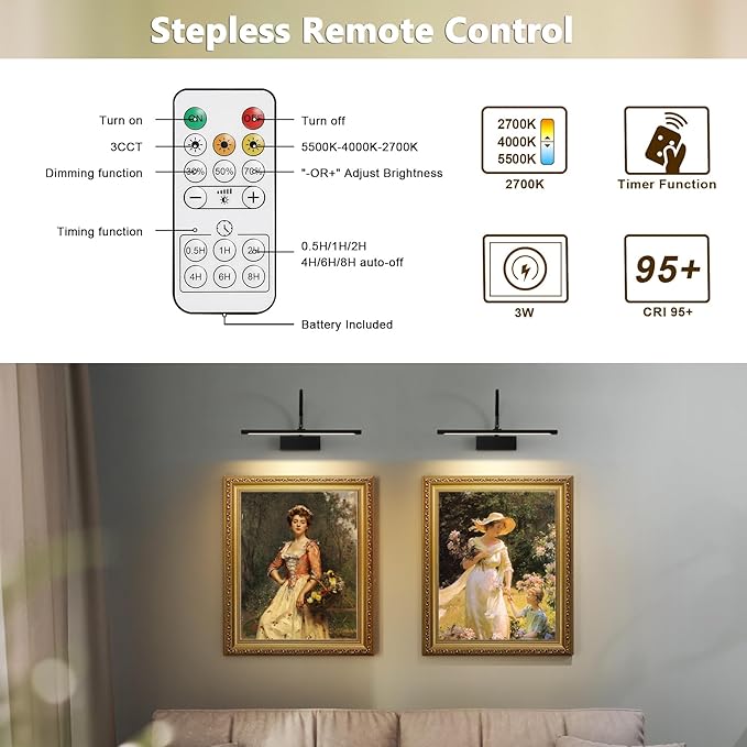 JOOSENLUX Wireless Picture Light with Remote Control Battery Powered Art Light 15.75 Inch Black Gallery Light Dimmable and Timer Function for Pictures, Display, Artwork, Gallery