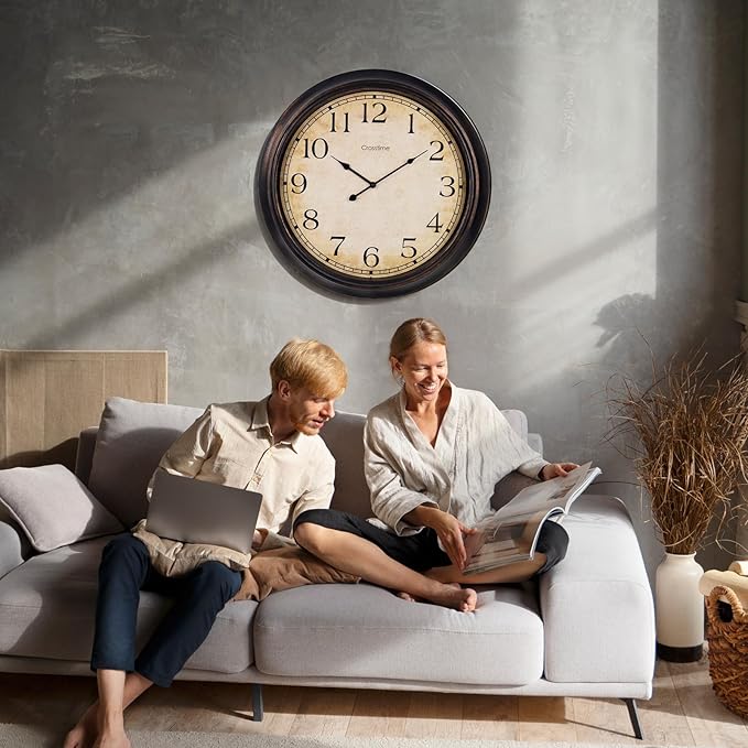 24 Inch Wall Clock Battery Operated Silent Vintage Large Wall Clocks for Living Room Fireplace Decor,Black-Brown