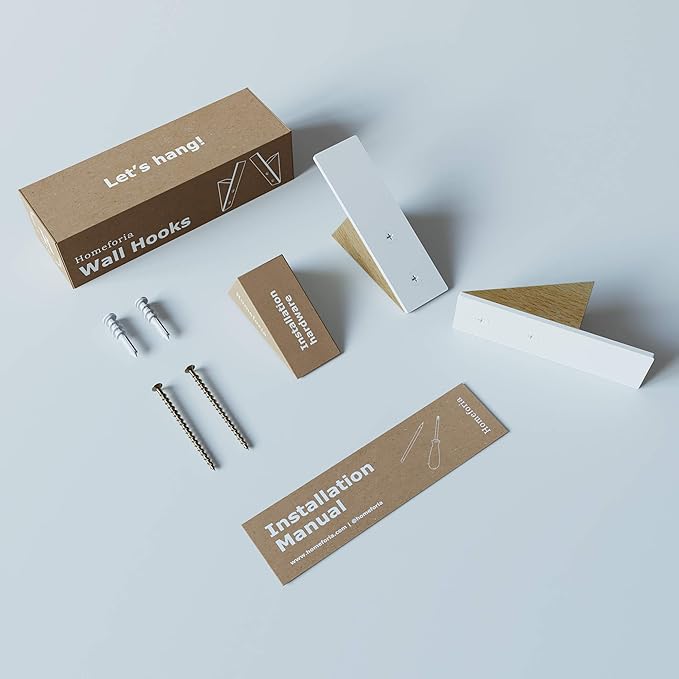 Homeforia Beech Wood Coat Hooks, High End Beech Wood & White Metal Wall Mounted Clothing Hooks, Mid-Century Modern Coat Hooks, Heavy Duty Wooden Hooks for Hanging Coats, Hats, Towels & More, Set of 2