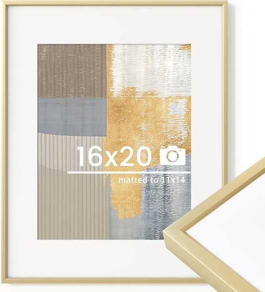 16x20 inch Metal Picture Frame - 16 x 20 Thin Aluminum Photo Frames with 11x14 Removable Mat - High Definition Plexiglass - Vertical and Horizontal Display - Wall Hook Hanging Hardware Included - Gold, Set of 1