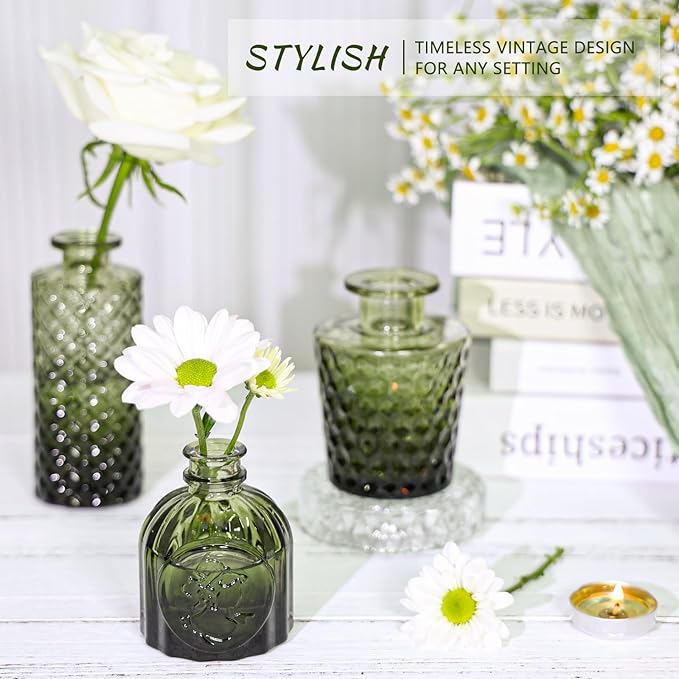 12pcs Glass Bud Vase Set, Small Green Flower Vases for Centerpieces in Bulk, Mini Vintage Vase for Wedding, Home,Table Decoration