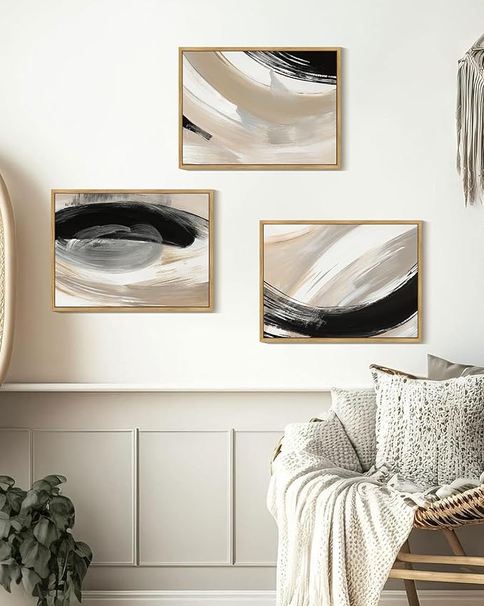 KUVIOKE Modern Abstract Framed Wall Art Black Neutral Minimalist Ink and Wash Graffiti Pastel Wall Decor for Bedroom Living Room 12x16in (Natural Framed)