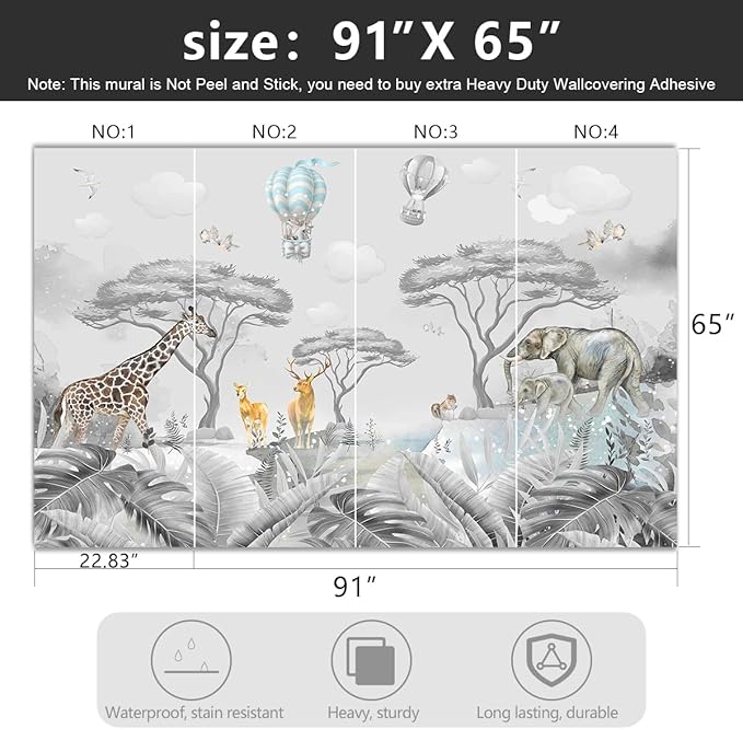 -Tropical Rainforest Plants Animals Tigers Fabric Wallpaper Jungle Plants Banana Leaves Boys Girls Kindergarten Children Bedroom Large Mural- 91"x65"（ not Peel and Stick）