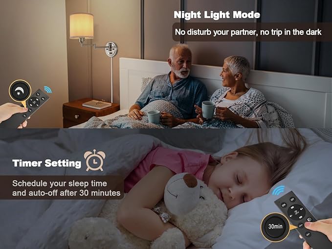 Plug in Wall Sconces with Remote Control, Dimming & Adjustable Colors 2700K-6500K, Hardwire or Plug-in, Swing Arm Wall Lamp with White Fabric Shade, Wall Sconces Set of Two, Brushed Nickel Finish