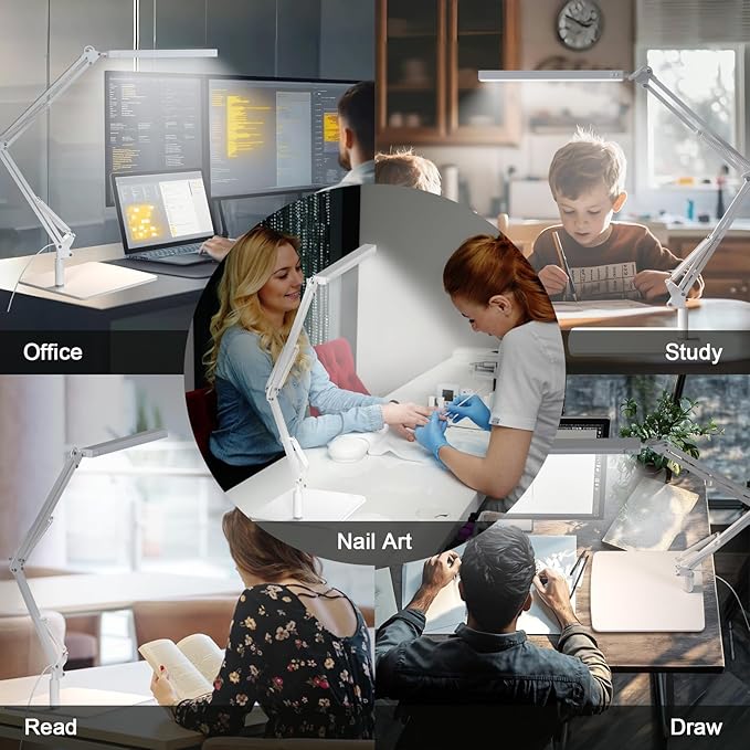 LED Desk Lamp with Clamp and Round Base,Eye Caring Table Lamp with Swing Arm,3 Color Modes 10 Brightness Levels,Memory Function,Desk Light for Home Office with USB Adapter White-14W