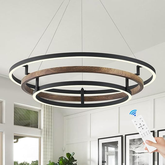 3 Rings Modern LED Chandelier Black Dimmable Circular Pendant Light for Dining Room, Foyer Chandelier with Remote Control Flush Mount High Ceiling Light for Kitchen Living Room, D30.7In