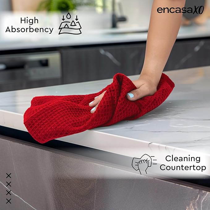 Encasa XO Kitchen Dish Towels Set | Red | Waffle Weave and Flat Hand Tea Towel | 28&quot;x18&quot; | Quick Drying Reusable Cotton Washcloths | Multipurpose Lightweight Dishcloths Set of 4