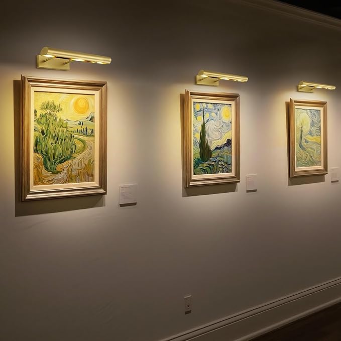 Brass Picture Lights for Wall, 18" Linear Picture Light Hardwired, 3-Light Brush Gold Art Light, Warm White 2700k Dimmable Picture Lamp, 270° Picture Frame Light for Bathroom, Living Room, Hallway