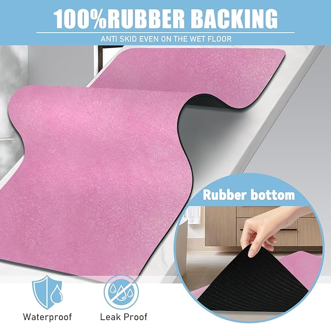 Extra Long Bathroom Rugs Diatomaceous Earth Bath mat Super Absorbent Quick Dry Non Slip Bath Mat Thin Runner Rug Fit Under Door-Shower Rug for in Front of Bathtub Shower, Pink, 23.6"x47.2"