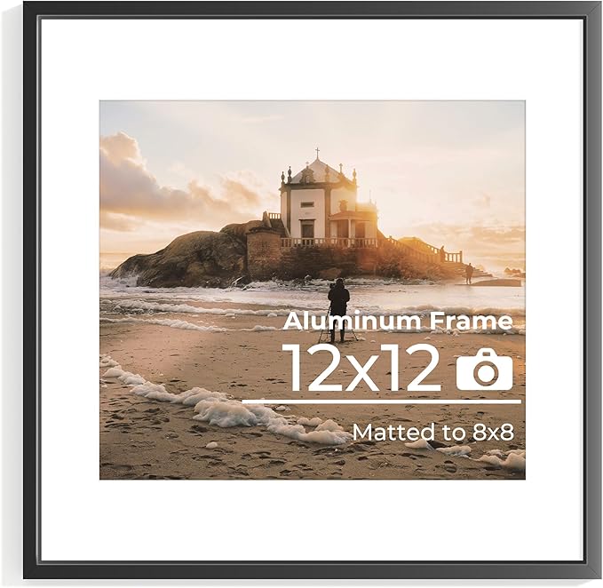 12x12 Metal Picture Frame Black, 12x12 Durable Thin Aluminum Photo Frames with Removable Mat for 8x8 Photo, Wall Hanging Metal Poster Frame with High Definition Plexiglass, Set of 1
