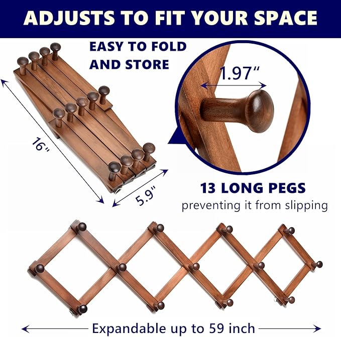 Amber Home Wood Accordion Wall Rack 13 Hooks (Pegs), Expandable Wall Mounted Hanger for Coat, Hat, Scarf, Coffee Mugs, X Shape Coat Hooks (Antique Retro Color)