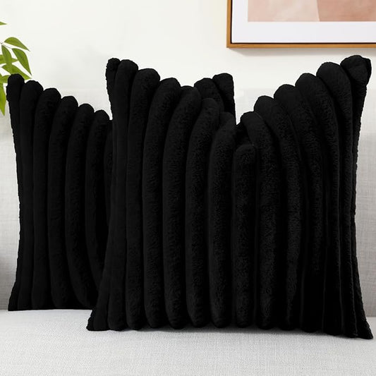 decorUhome Faux Fur Throw Pillow Covers 22x22 Set of 2, Decorative Soft Plush Striped Neutral Couch Euro Pillow Covers with Velvet Back for Sofa, Bed, Living Room Home Decor, Black