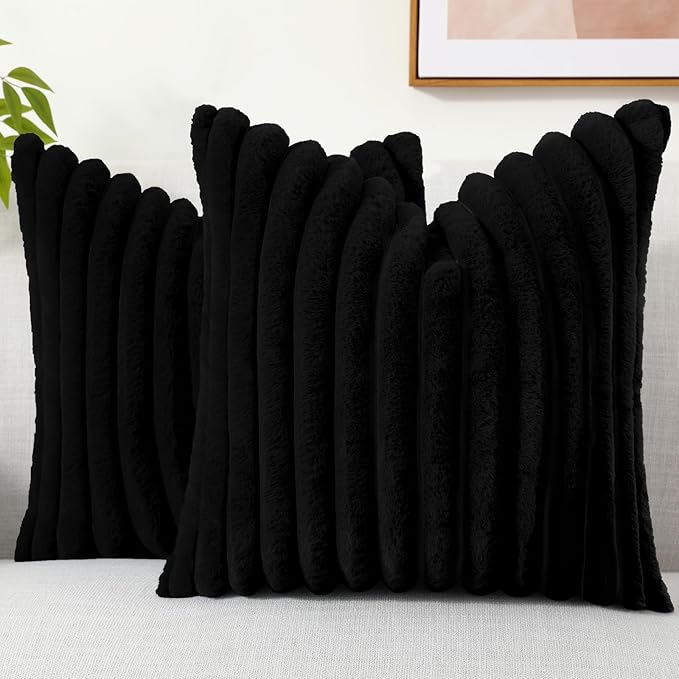 decorUhome Faux Fur Throw Pillow Covers 20x20 Set of 2, Decorative Soft Plush Striped Neutral Couch Euro Pillow Covers with Velvet Back for Sofa, Bed, Living Room Home Decor, Black