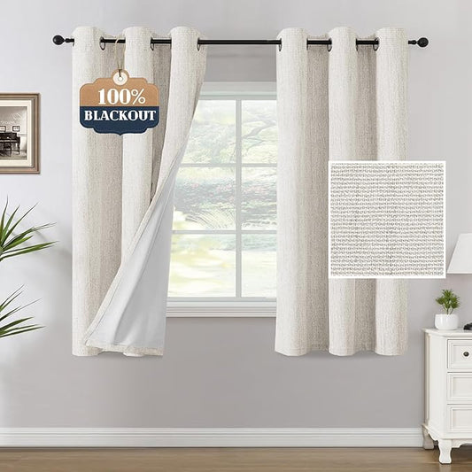 H.VERSAILTEX Chenille Linen Blackout Curtains for Bedroom Thermal Insulated Textured Linen Look Curtains with White Flocking Coating Back, 42" W x 63" L, Heathered Ivory(Not Solid)