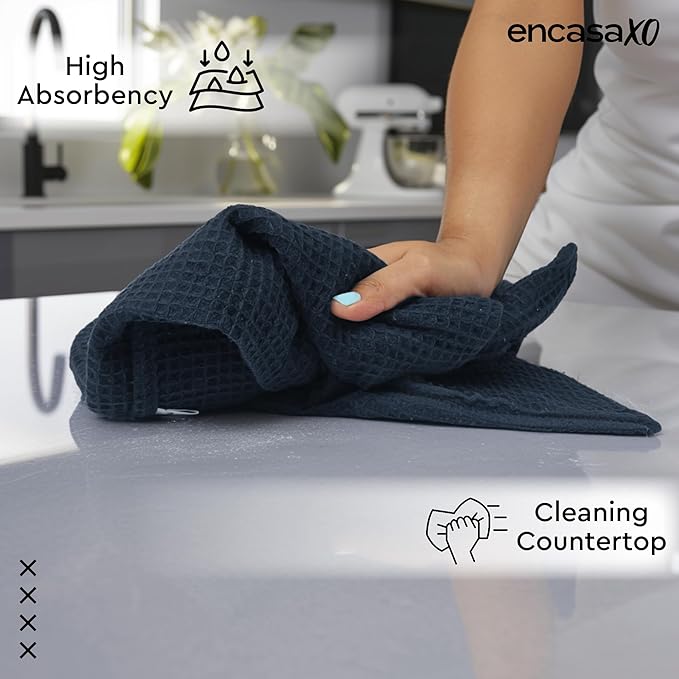 Encasa XO Kitchen Dish Towels Set | Navy Blue | Waffle Weave and Flat Hand Tea Towel | 28"x18" | Quick Drying Reusable Cotton Washcloths | Multipurpose Lightweight Dishcloths Set of 4