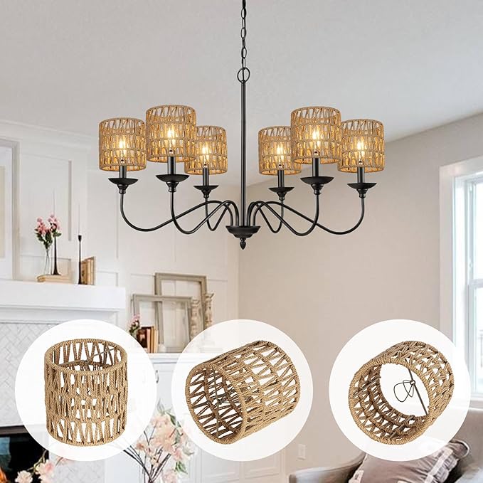 5.0 x 5.0in Chandelier Shades Set of 6, Small Rattan Lamp Shades Clip on Bulb, Boho Lamp Shades Replacement, Mini Cylinder Woven Lampshade, Clip on Lamp Shade for Floor Lamp Pendant Light Wall Sconces