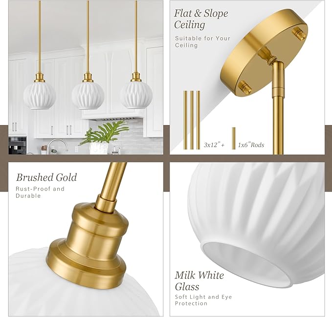 Milk Glass Pendant Lights Kitchen Island, 1-Light 7.1" Brushed Gold Modern Pendant Light Fixtures with Rods, Globe Hanging Lighting for Kitchen Sink Bathroom Dining Room, E26 Base