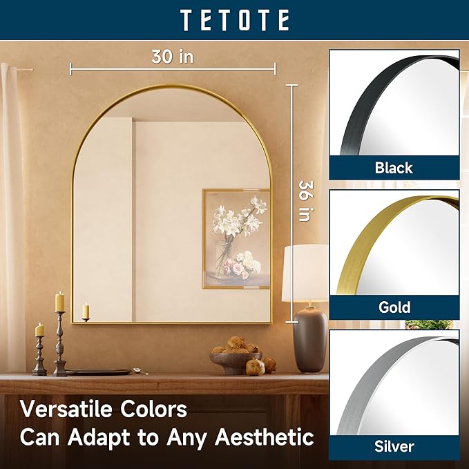 TETOTE 30 x 36 Gold Arched Mirror for Bathroom Brushed Gold Arch Metal Framed Mirrors Wall Mounted, Tempered Glass Shatterproof Decorative Mirror for Modern Home Decor