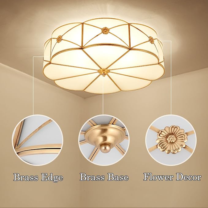 MIXL- Mid Century Brass Flush Mount Ceiling Light, 4-Light LED Brass and Glass Ceiling Lamp, Frosted Glass Shade Modern Light, Close to Ceiling Light Decorative for Bedroom Living Room(17.71" W)