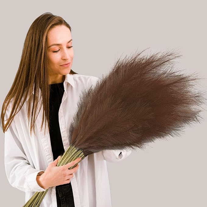 8 Pcs Brown Tall Faux Pampas Grass Decor, 45 Inches Artificial Pampas Grass Bulk, Large Faux Pompas Dried Decor for Floor Vase Filler, Home Boho, Wedding Anniversaries, Baby Shower Decoration