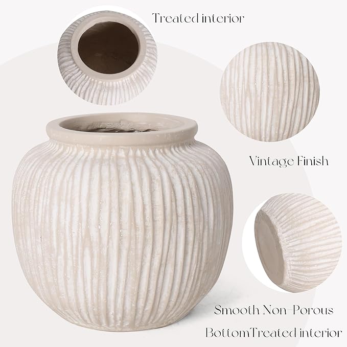 Oakrain Large Rustic Minimalist Vase, 9" Distressed Round Floor Vase for Home Decor, Farmhouse Centerpieces Planters for Living Room Indoor Outdoor Use, Vintage White