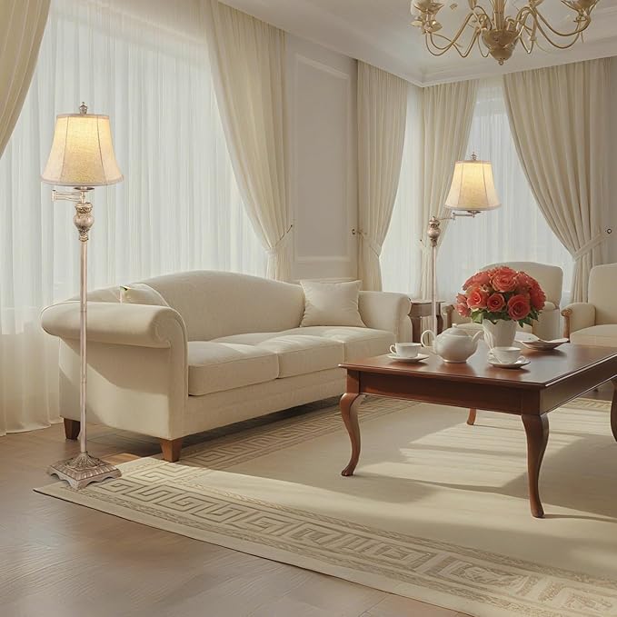 PARTPHONER Vintage Floor Lamps for Living Room,Traditional 350° Adjustable Swing Arm Farmhouse Floor Lamp for Bedroom, Rustic Standing Lamp Pole Lamps for Reading, Home Décor and Office, White