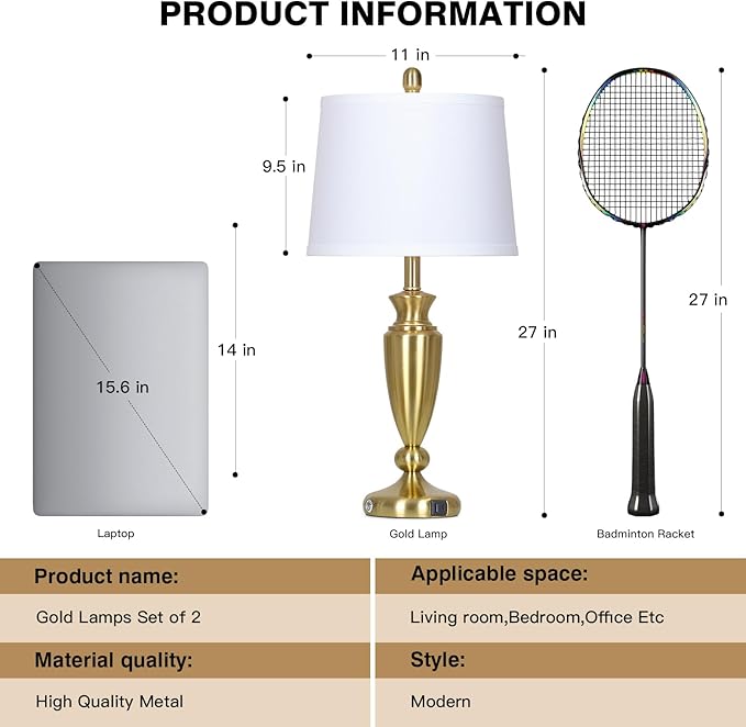 27'' Gold Table Lamps for Living Room with White Lampshade, 3 Way Touch Control Bedside Lamps Set of 2 with USB A+C Ports, Modern Metal Nightstand Lamp for Bedroom Office End Table