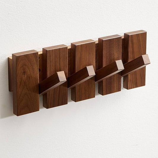 Wooden Coat Hooks Wall Mounted, Coat Rack Hanger Wall Mount with 4 Hooks, Modern Piano Coat Racks for Hanging Coats Keys Hats Towels Bags, Space-Saving Entryway Coat Rack, Walnut