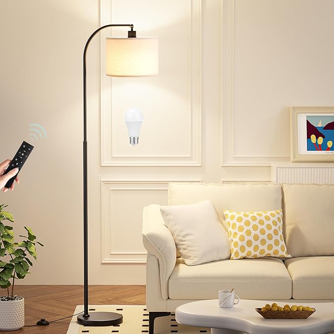 Arc Floor Lamp with Remote and Stepless Dimmable Bulb, Colors Temperature & Brightness Adjustable, Floor Lamps for Living Room（Deep Beige Shade & Black Pole）