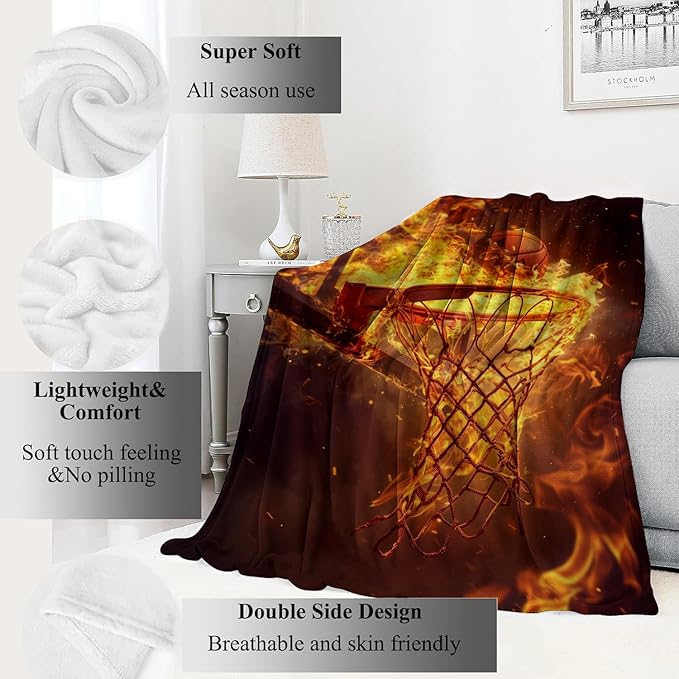 Fiery Basketball Blanket Dynamic Ball Hoop in Flames Throw Blankets,Birthday Gifts for Adult & Sport Lovers,Lightweight Soft Fleece for Sofa Couch Bed Room Travel Decor 50x60in