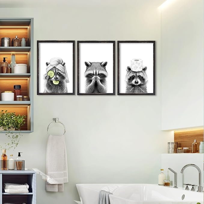 Adorable Raccoon Bathroom Wall Art Decor Set of 3 16x11 Inch Modern Funny Bathroom Sign Wood Framed Rustic Farmhouse Interestring Washroom Animal Prints Wall Hanging (Black)