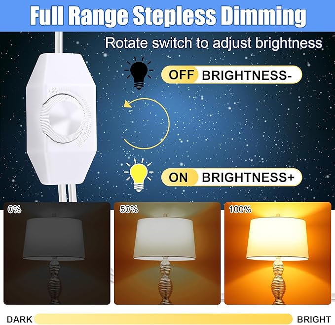 Plug in Dimmer, Lamp Dimmer Switch with Cord for Christmas Village Houses Lights Cord, Table or Floor Lamps, Incandescent/Halogen, Dimmable LED/CFL Lights, Rotary Control, 150W, 12.7 Feet