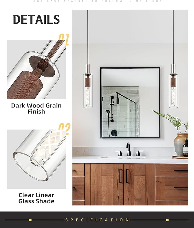 AUTELO Farmhouse Pendant Lights Kitchen Island, 1-Light Pendant Light Fixtures, Dark Wood Grain Hanging Lamp with Clear Cylinder Glass, Pendant Lighting for Kitchen Island, Dining Room, H3875 DW