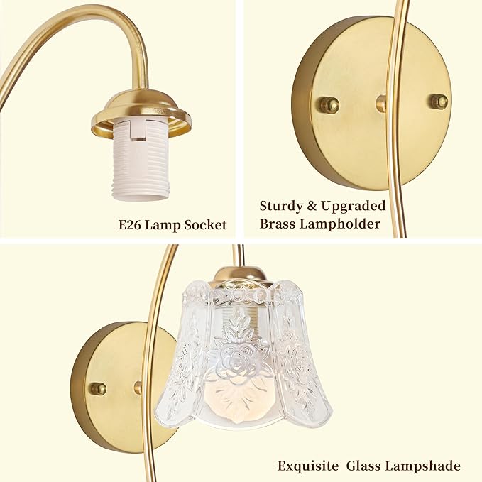 Vintage Battery Operated Wall Sconce with Flower lampshade,Rechargeable Battery Powered Wall Lights,Wall lamp with 15 Colors for Bedroom Living Room Home Decor (Clear Rose, 2 Light Battery Operated)