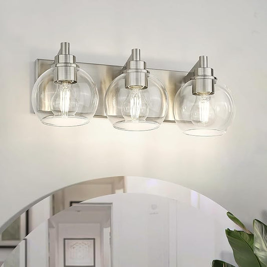 Bathroom Light Fixtures, 3-Light Brushed Nickel Vanity Light, Modern Wall Sconces with Globe Clear Glass Shade, Vanity Lighting Fixtures Over Mirror, VL195-BN-CL-3