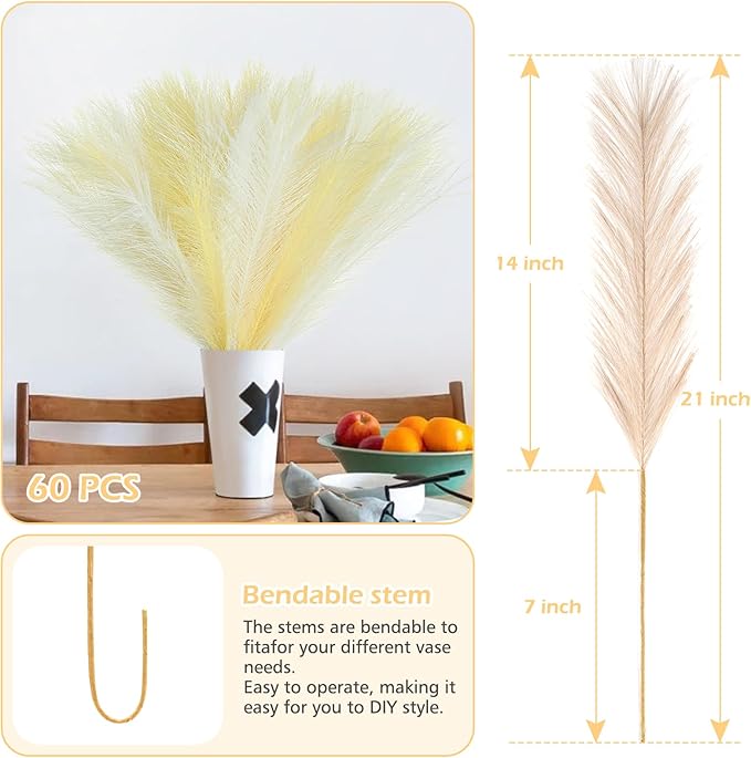 60 Pcs Pampas Grass Decor 21.7" Fluffy Faux Short White Yellow Pampas Grass Artificial Small Pompas Grass Flower Vase Filler for Home Wedding Decoration