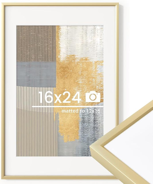 16x24 inch Metal Poster Frame - 16 x 24 Thin Aluminum Picture Frames Matted for 12x18 Photos, Artworks, Prints, Puzzle - High Definition Plexiglass - Vertical and Horizontal Display - Wall Hook Hanging Hardware Included - Gold, Set of 1