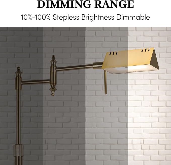 Dimmable Pharmacy Floor Lamp with Remote, 15W LED Reading Floor Lamp with 360°Swing Arm, 3 Color Temperature, Height Adjustable Gold Standing Task Lamp for Living Room, Bedroom, Office, Antique Brass
