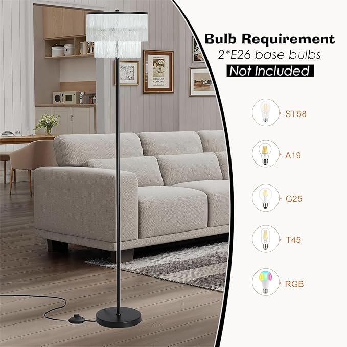 2 Light Black Boho Floor Lamp with 2-Tier Tassels/Fringe Lampshade,66" Tall Mid Century Standing Bedroom Lamp,Soft Lighting Nursery Floor Lamp for Bedroom Livingroom