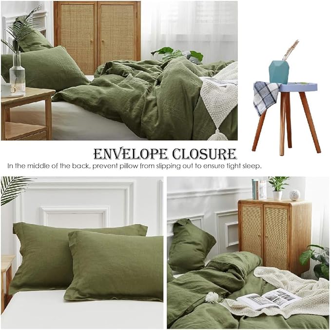 Simple&Opulence 100% Linen Pillow Case King Size Set of 2, Olive Green Pillow Covers with Overlap Closure, Luxury Breathable Pillowcases Protectors Suitable for All-Season (20" X 36", Olive Green)