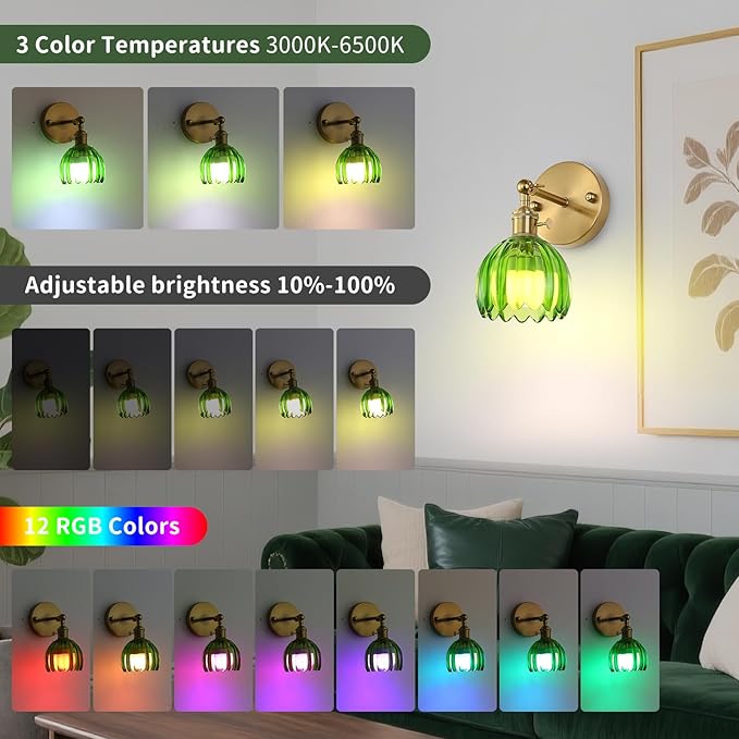 Battery Operated Wall Sconce Set of 2 with Green Floral Glass Shade Vintage Wireless Wall Light with Remote Control for, Living Room, Bedroom, Dressing Table and Bathroom Timer/Memory Function/Dimmer