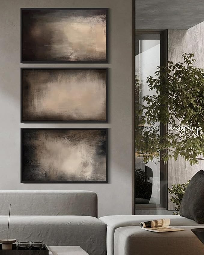 KUVIOKE Abstract Framed Wall Art Set Earthy in Deep Brown and Beige Tones Modern Art Decorative Home Decor 16x24in (Black Framed)
