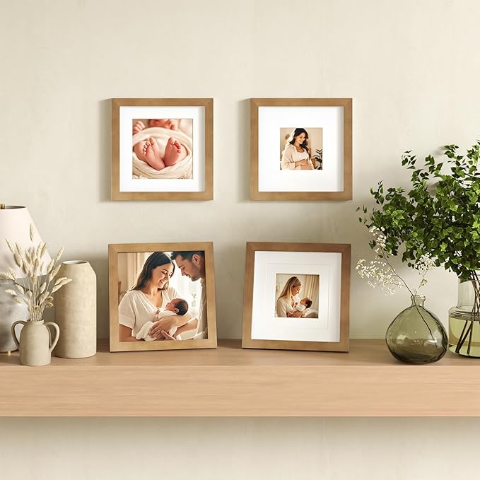 Egofine 8x8 Picture Frames 4 Pack Covered by Plexiglass, for Picture 4x4 with Mat or 8x8 whitout Mat Made of Solid Wood for Table Top Display and Wall Mounting Photo Frame, Light Brown