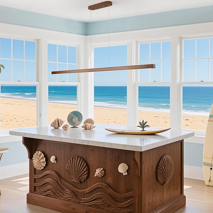 55 Inch Wood Linear Pendant Light Dimmable LED Kitchen Island Lighting with Remote Adjustable Hanging Chandelier for Dining Room Bar Pool Table 30W Modern Farmhouse Fixture Walnut Color