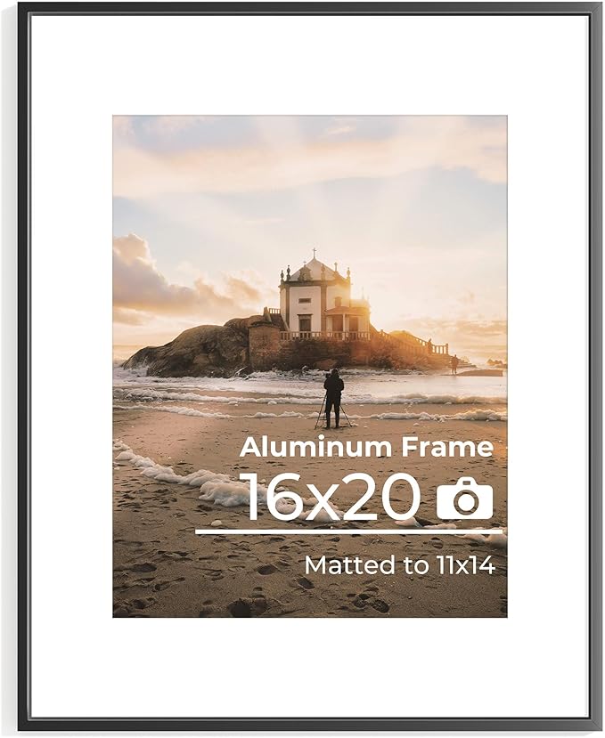 16x20 Metal Picture Frame Black, Aluminum Poster Frame with Removable Mat for 11x14 Photo, 16 x 20 Thin Hanging Frames, Simple and Elegant Decor for Wall Mounting, 1 Pack