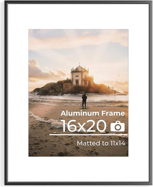 16x20 Metal Picture Frame Black, Aluminum Poster Frame with Removable Mat for 11x14 Photo, 16 x 20 Thin Hanging Frames, Simple and Elegant Decor for Wall Mounting, 1 Pack