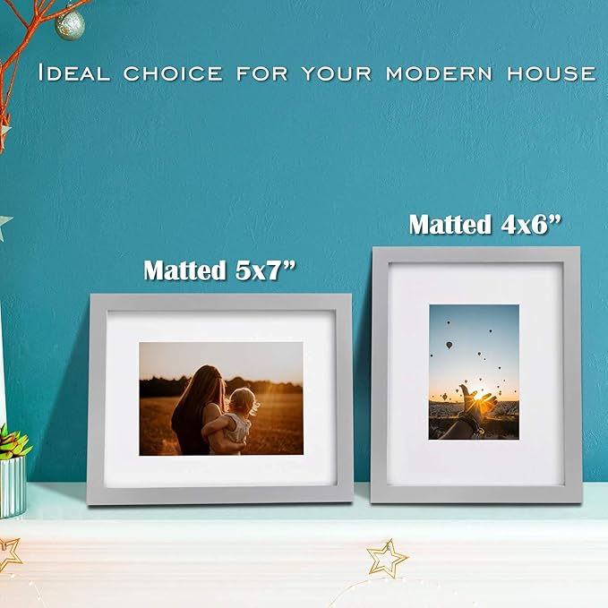 Egofine 8x10 Picture Frames 4 Pack Solid Wood Frames Covered by Plexiglass for Pictures 4x6 or 5x7 with Mat or 8x10 Without Mat, Photo Frames for Table Top and Wall Display, Light Gray